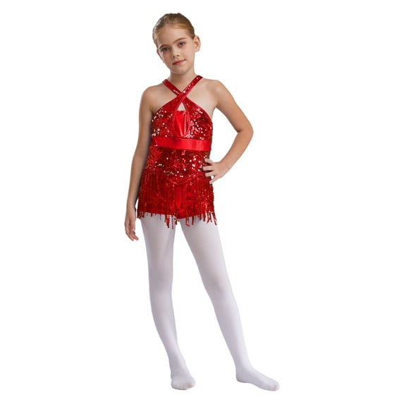 renvena Kids Girls Sequins Latin Salsa Ballet Dance Dress Crisscross Back Jazz Fringe Tassel Performance Red 10