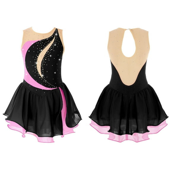 renvena Kids Girls Shiny Ballet Dance Sleeveless Leotard Skirt for Figure Ice Skating Dress A Black 16