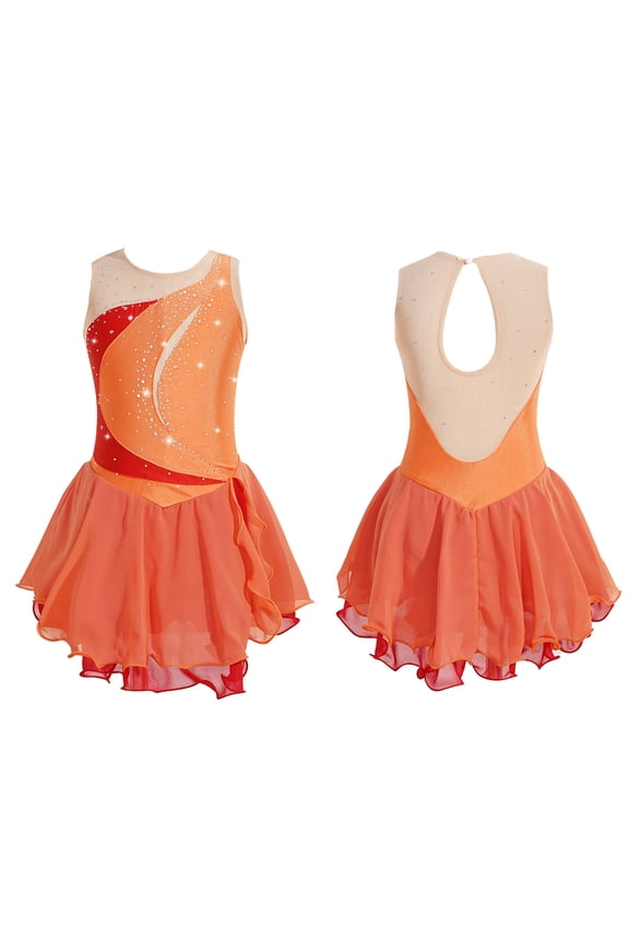 Kids Girls Shiny Ballet Dance Sleeveless Leotard Skirt for Figure Ice Skating Dress Orange 6