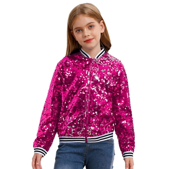 renvena Kids Girls Shiny Baseball Jacket Flip Sequin Blazer Jacket Coat Long Sleeve Zipper Outerwear Hot Pink 10