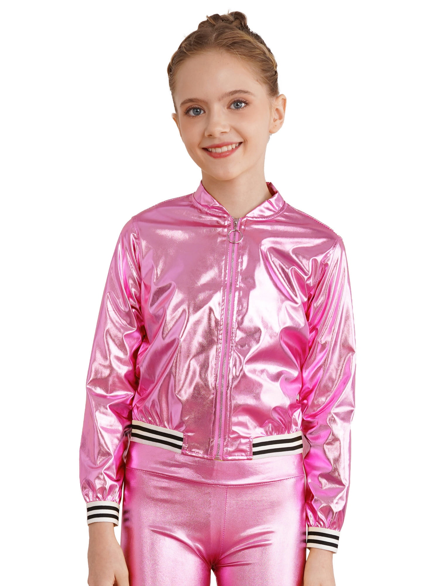 renvena Kids Girls Shiny Baseball Jacket Long Sleeve Sparkle Metallic Zipper Bomber Jacket Coat Outerwear Size 6 16 Pink 12 Walmart