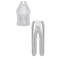 thumbnail image 1 of renvena Kids Girls Shiny Dance Outfits Halter Sequins Crop Top with Metallic Pants Set Hip Hop Jazz Dance Clothes Silver 10, 1 of 5