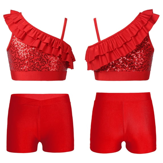 renvena Kids Girls Shiny Dance Sports Outfits Crop Top and Shorts Tracksuit for Gymnastic Leotard Dancewear Swimwear 6-14 Red 14