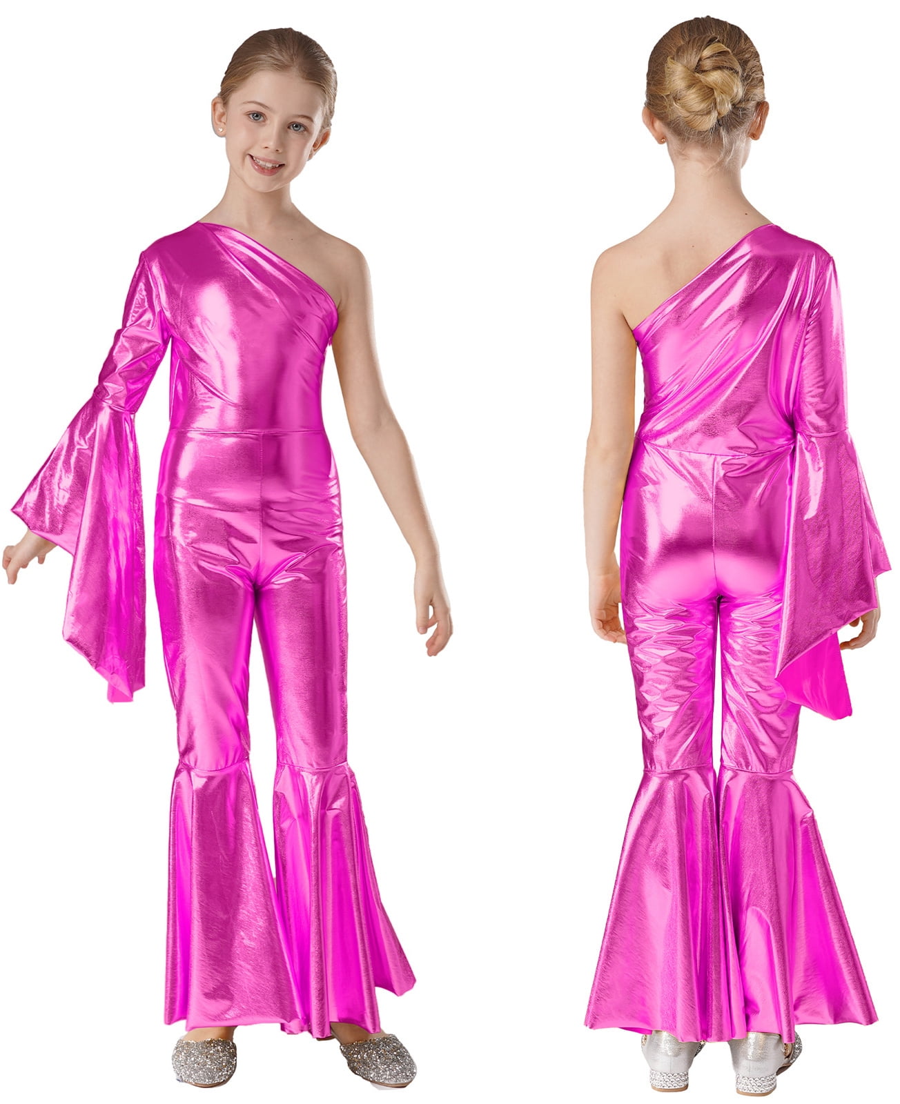 renvena Kids Girls Shiny Metallic Dance Jumpsuit One Shoulder Flare ...
