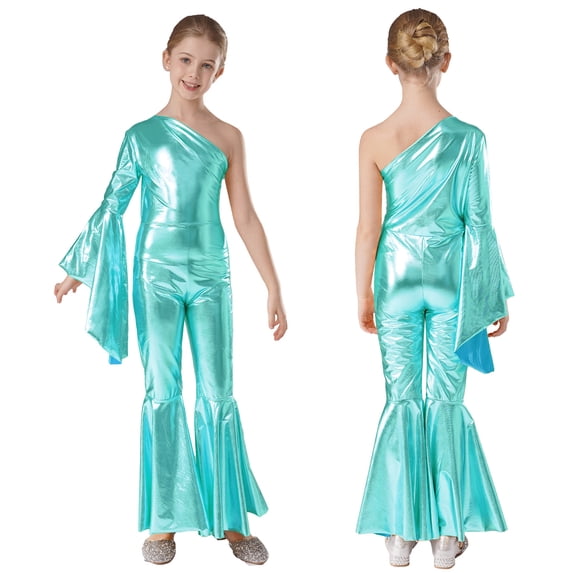 renvena Kids Girls Shiny Metallic Dance Jumpsuit One Shoulder Flare Sleeve Bodysuit Prom Party Blue Green 8