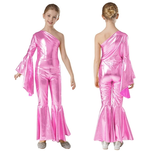 renvena Kids Girls Shiny Metallic Dance Jumpsuit One Shoulder Flare Sleeve Bodysuit Prom Party Pink 8