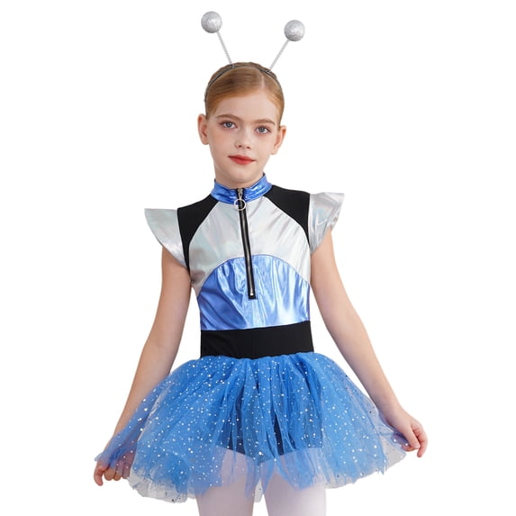 renvena Kids Girls Shiny Metallic Tutu Skirted Leotard Dress with Hair Hoop Blue 6