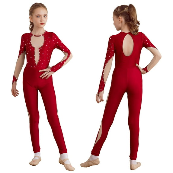 renvena Kids Girls Shiny Rhinestones Ballet Gymnastic Dance Leotard Unitard Figure Skating Training Dancewear Size 6-16 Red 14