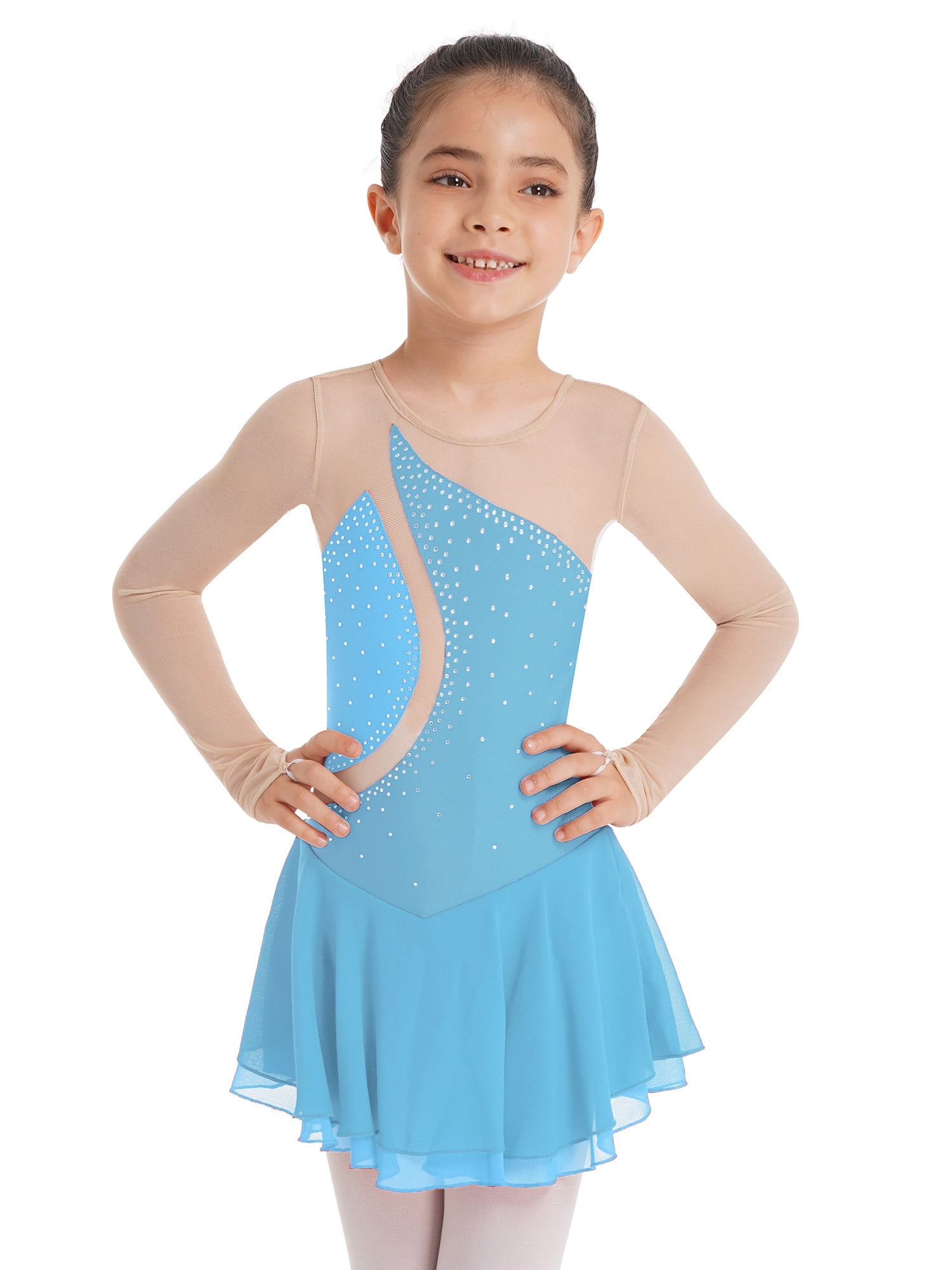 renvena Kids Girls Shiny Rhinestones Mesh Splice Figure Ice Skating ...