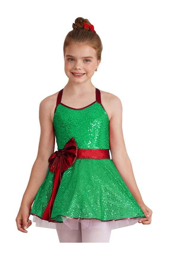 Kids Girls Shiny Sequin Christmas Dance Dress Ice Skating Performance Ballet Leotard Size 4-16 A Green 14