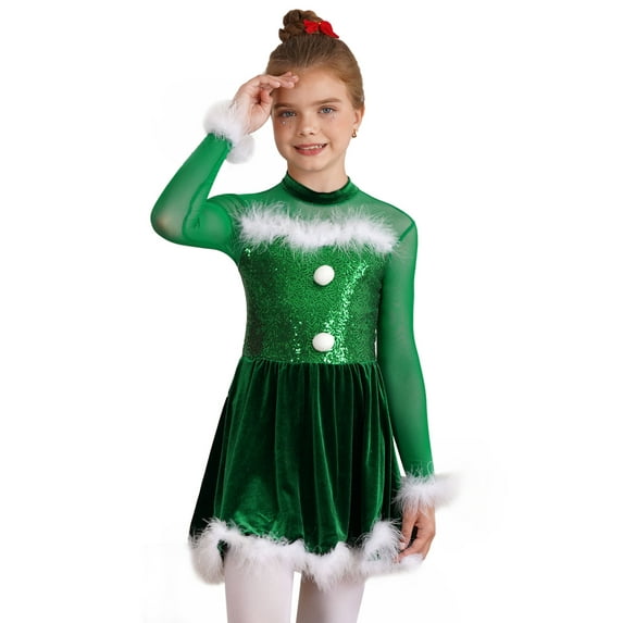 renvena Kids Girls Shiny Sequins Christmas Snowman Long Sleeve Mock Neck Tutu Dress Figure Skating Dancewear Size 6-16 Green 6