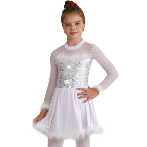 renvena Kids Girls Shiny Sequins Christmas Snowman Long Sleeve Mock Neck Tutu Dress Figure Skating Dancewear Size 6-16 White 10