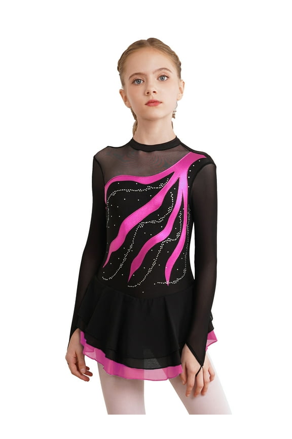 Kids Girls Shiny Sequins Mesh Splice Long Sleeve Dance Gymnastic Leotard Figure Ice Skating Dress Size 6-16 Hot Pink 6