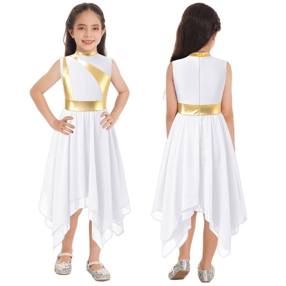renvena Kids Girls Sleeveless Color Block Asymmetrical Praise Lyrical Dance Dress 6-16 A White 12