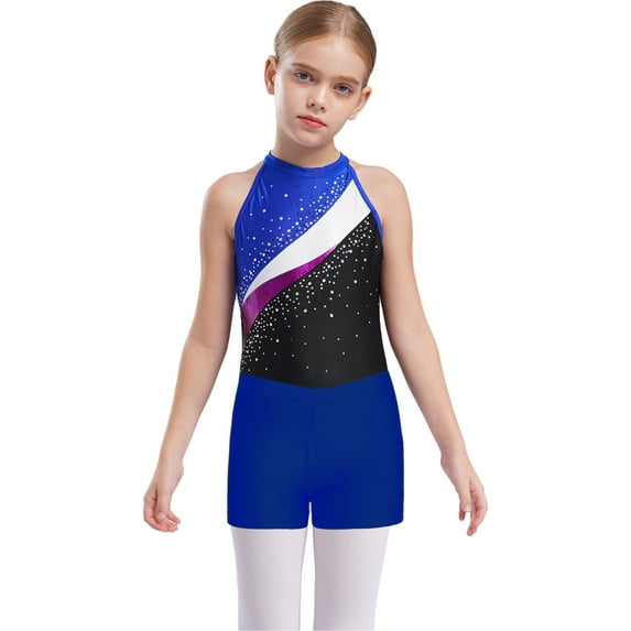 renvena Kids Girls Sleeveless Gymnastics Leotards with Shorts and Hair Band Biketard Dancewear Royal Blue 16