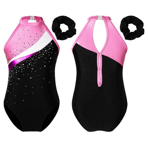 renvena Kids Girls Sleeveless Halter Sparkle Diamond Ballet Dance Gymnastic Leotard Unitard with Hair Band A Pink 10