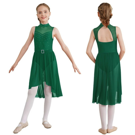 renvena Kids Girls Sleeveless Lyrical Modern Ballet Leotard Dress High-Low Hem Chiffon Skirt Dancewear Green 12