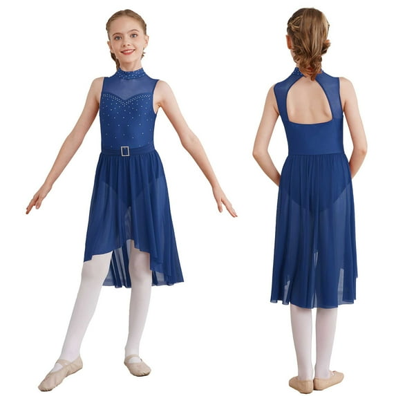renvena Kids Girls Sleeveless Lyrical Modern Ballet Leotard Dress High-Low Hem Chiffon Skirt Dancewear Navy Blue 6