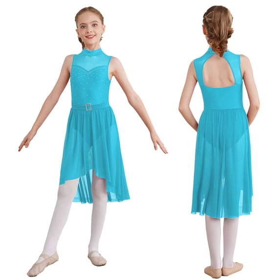 renvena Kids Girls Sleeveless Lyrical Modern Ballet Leotard Dress High-Low Hem Chiffon Skirt Dancewear Turquoise 16