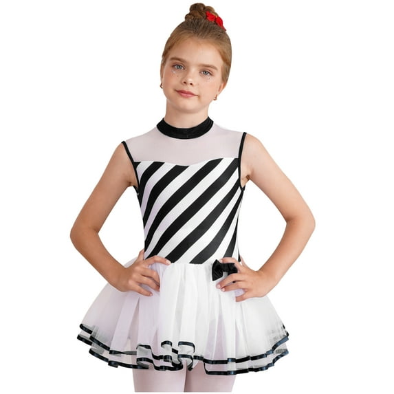 renvena Kids Girls Sleeveless Mock Neck Striped Ballet Dance Tutu Dress Figure Skating Gymnastics Leotard Size 6-16 Black 6