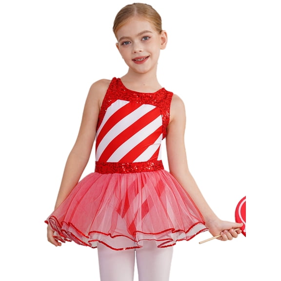 renvena Kids Girls Sleeveless Sequins Tutu Dress Leotard Figure Ice Skating Christmas Ballet Dance Costumes A Red 8