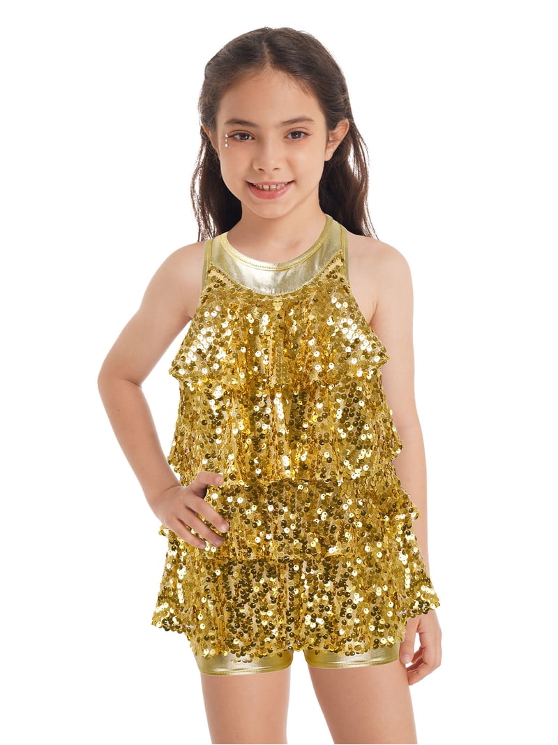 Renvena Kids Girls Fringe Sequin Halter Dress for Latin Jazz Dance, Gold,  Size 10 - Walmart.com