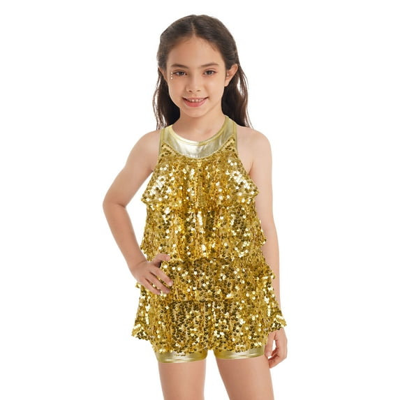 renvena Kids Girls Sleeveless Shiny Sequins Halter Tassel Dress Latin Jazz Dance Wear Gold 14
