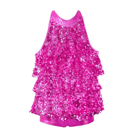 renvena Kids Girls Sleeveless Shiny Sequins Halter Tassel Dress Latin Jazz Dance Wear Rose 4