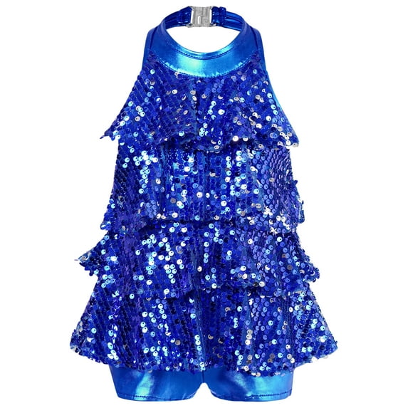 renvena Kids Girls Sleeveless Shiny Sequins Halter Tassel Dress Latin Jazz Dance Wear Royal Blue 12