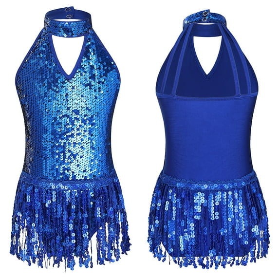 renvena Kids Girls Sleeveless Sparkly Sequins Tassel Hem Dance Dress 6-16 A Royal Blue 8