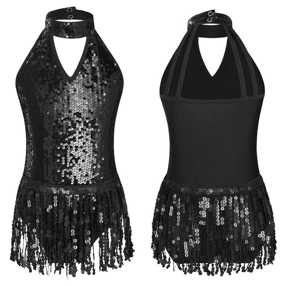 renvena Kids Girls Sleeveless Sparkly Sequins Tassel Hem Dance Dress 6-16 Black 10