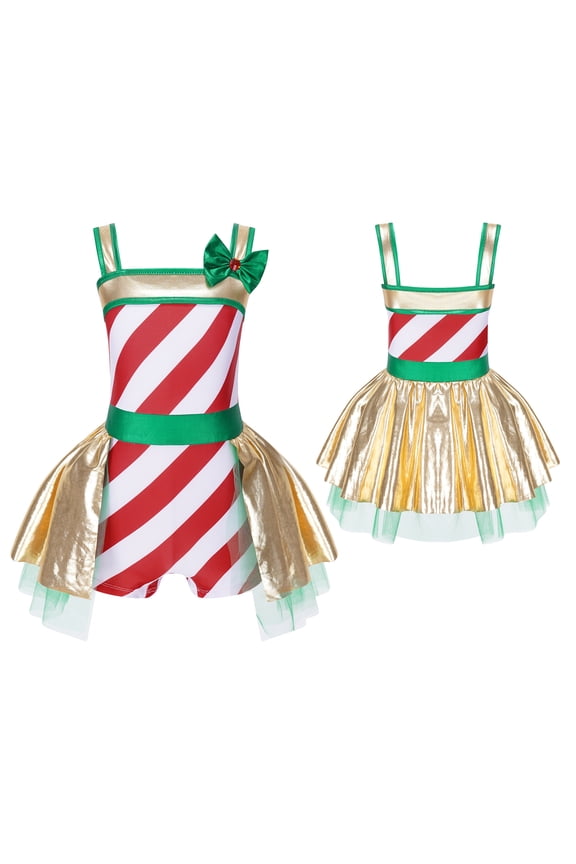 Kids Girls Sleeveless Striped Candy Cane Costume Christmas Dance Party Ballet Jazz Tutu Leotard Size 4-14 Red 4