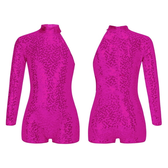 renvena Kids Girls Sparkly Single Long Sleeves Ballet Gymnastic Leotard Athletic Biketard Unitard Bodysuit 6-16 Hot Pink 6