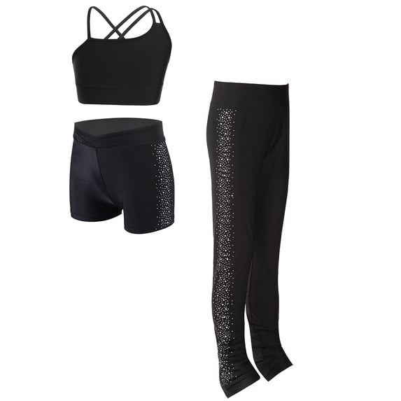 renvena Kids Girls Sport Clothes Set Vest + Shorts + Leggings Sport Outfit Training Yoga Tennis Set Black 12