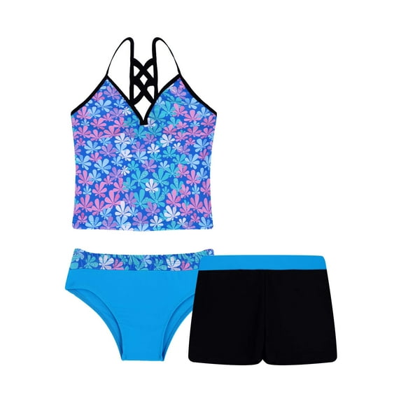 renvena Kids Girls Swimsuit Leotard Tops and Brief with Shorts Set Swimwear Colorful Floral 14