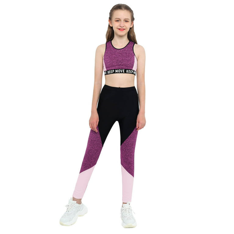 renvena Kids Girls Two Piece Yoga Sports Suit Crop Top with Athletic  Leggings Workout Tracksuit Outfit 