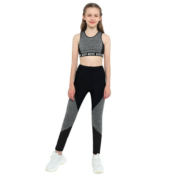 renvena Kids Girls Two Piece Yoga Sports Suit Crop Top with Athletic Leggings Workout Tracksuit Outfit
