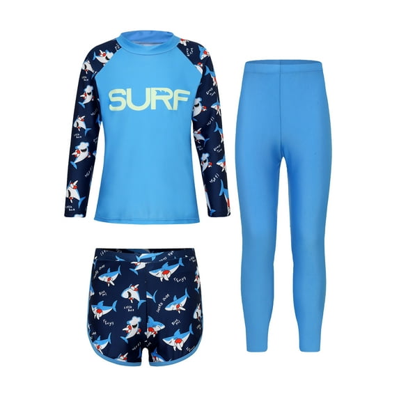 renvena Kids Girls UPF 50+ 3 Piece Swimsuit Long Sleeve Swim Tops with Shorts Pants Rash Guard Swimwear Set Blue M