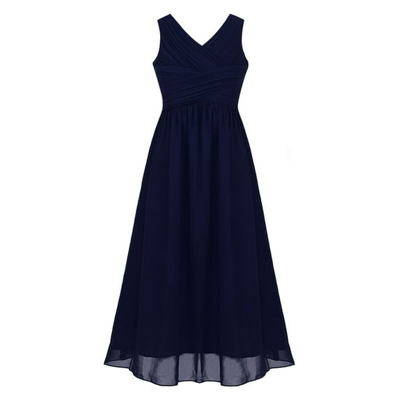 renvena Kids Girls V-neckline Chiffon Pleated Flower Dress Wedding Maxi Gown