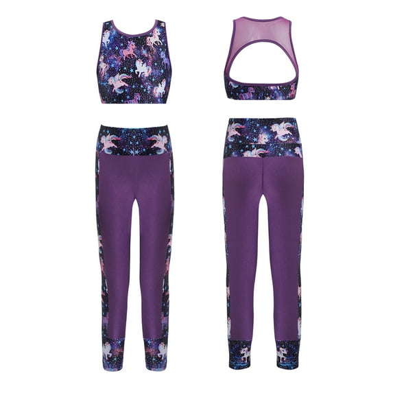 renvena Kids Girls Workout Clothes 2Pcs Crop Tops with Athletic Leggings Gymnastics Dance Tumbling Outfits