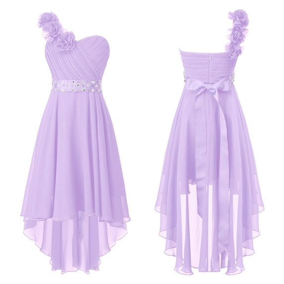 renvena Kids High Low Flower Girls Dress One Shoulder Sparkly Rhinestone Chiffon Bridesmaid Wedding Party Gown