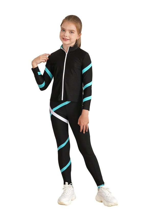 Kids Ice Skating Jacket with Figure Skating Leggings Girls Zipper Outwear and Dance Pants Set Size 6-16 Blue Green 16