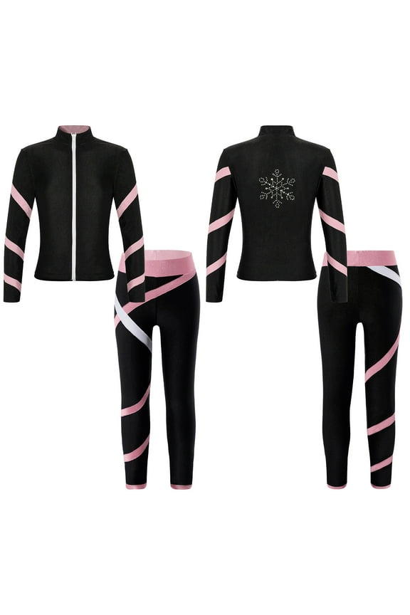 Kids Ice Skating Jacket with Figure Skating Leggings Girls Zipper Outwear and Dance Pants Set Size 6-16 Pink 10