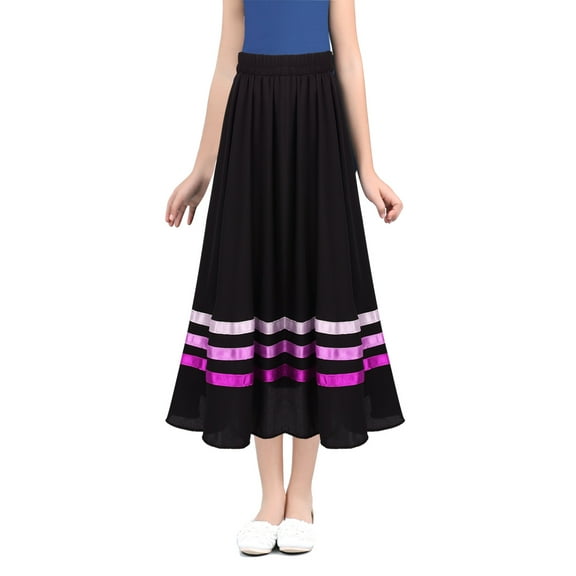 renvena Kids School Girls Uniform Skirt Long Full Circle Ballet Dance Skirt 6-16 A Black&Pink 12