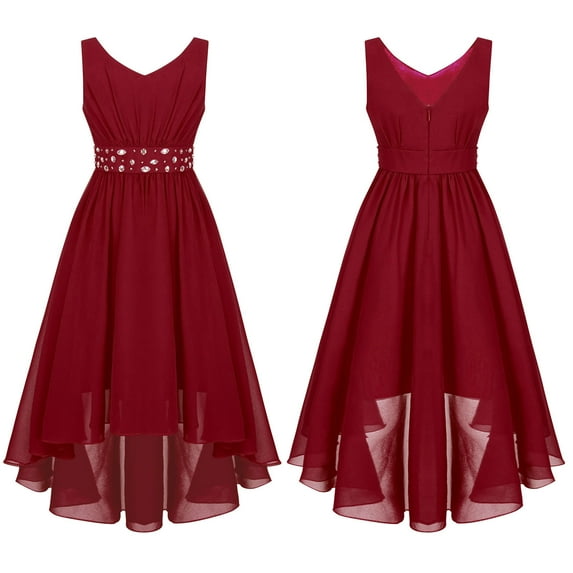 renvena Kids V Neck High Low Hem Chiffon Flower Girl Dress Junior Bridesmaid Wedding Formal Party Burgundy 14