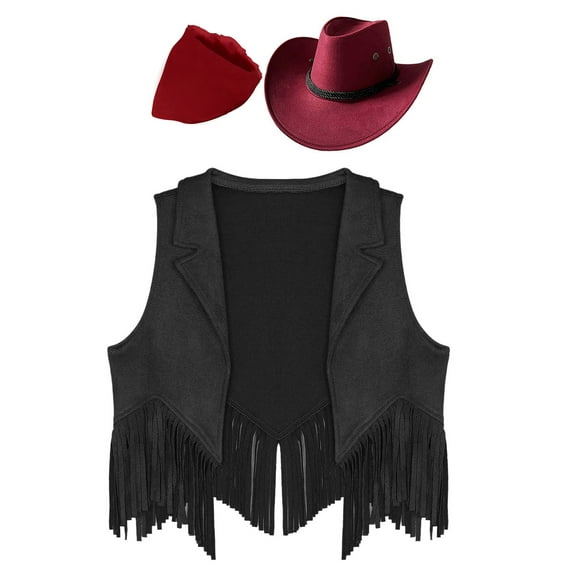 renvena Kids Western Cowgirls Outfits Open Front Waistcoat Tops with Cowboy Hats Wild West Carnival Party Black&Red 6