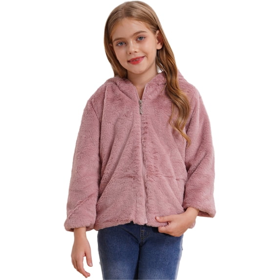 renvena Little Girls Winter Fleece Coats Faux Fur Hooded Jacket Long Sleeve Cartoon Owl Warm Cardigan Overcoat Pink 8