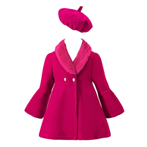 renvena Little Girls Winter Woolen Blend Dress Coat Furry Collar Flare Sleeve Outwear Windbreaker with Hat Size 2-8 Hot Pink 5-6