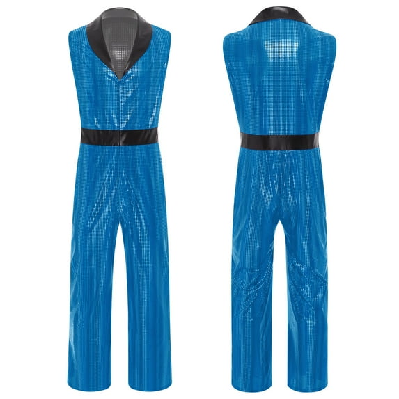 renvena Men's 1920s Metallic Disco Jumpsuit Sleeveless V-Neck Lapel Wide-Leg Romper for Stage Rave Party Blue M