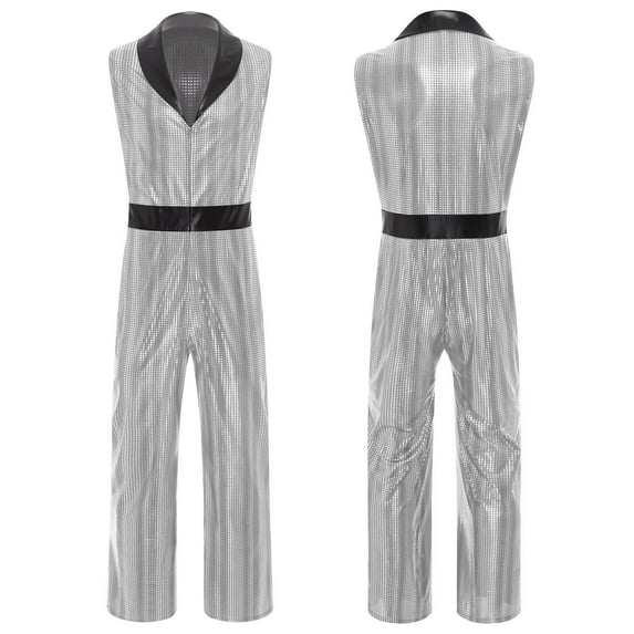 renvena Men's 1920s Metallic Disco Jumpsuit Sleeveless V-Neck Lapel Wide-Leg Romper for Stage Rave Party Silver XL